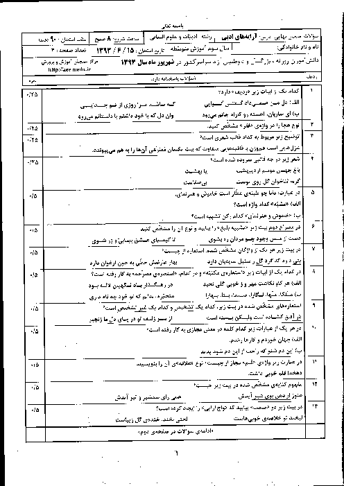 سوالات و پاسخ تشریحی امتحان نهایی آرایه های ادبی- شهریور 1393