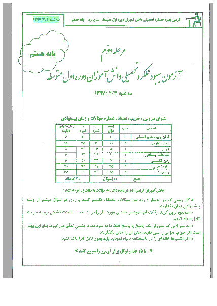 آزمون بهبود عملکرد تحصیلی دانش آموزان پایه هشتم استان یزد | مرحله دوم (اردیبهشت 97)