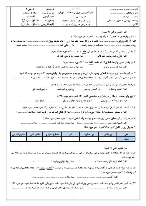 آزمون کلاسی فارسی (2) یازدهم دبیرستان دکتر حسابی | درس 17 و 18