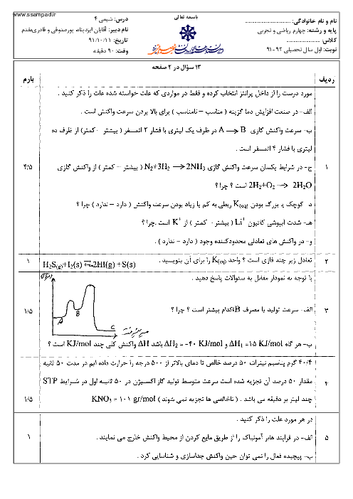 سوالات امتحان نوبت اول سال 1391 شیمی چهارم | دبیرستان شهید صدوقی یزد