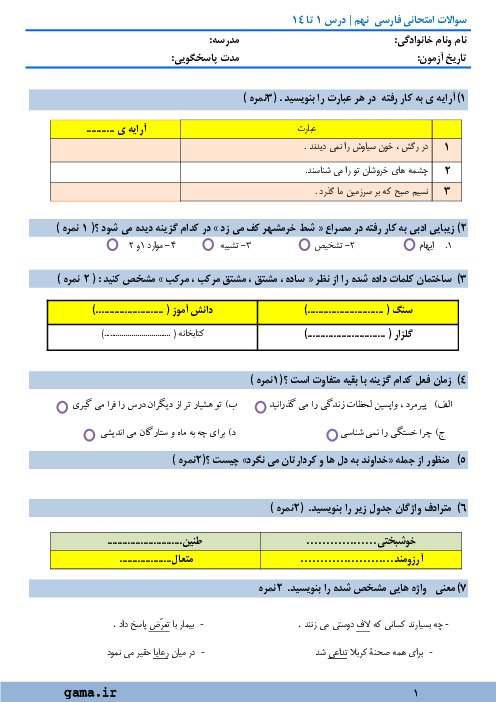 ارزشیابی درس 1 تا 14 فارسی نهم مدرسه رییسعلی دلواری جم