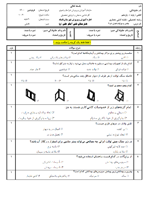سؤالات آزمون تستی عناصر و جزییات یازدهم هنرستان امام علی (ع) | فصل 8 و 9