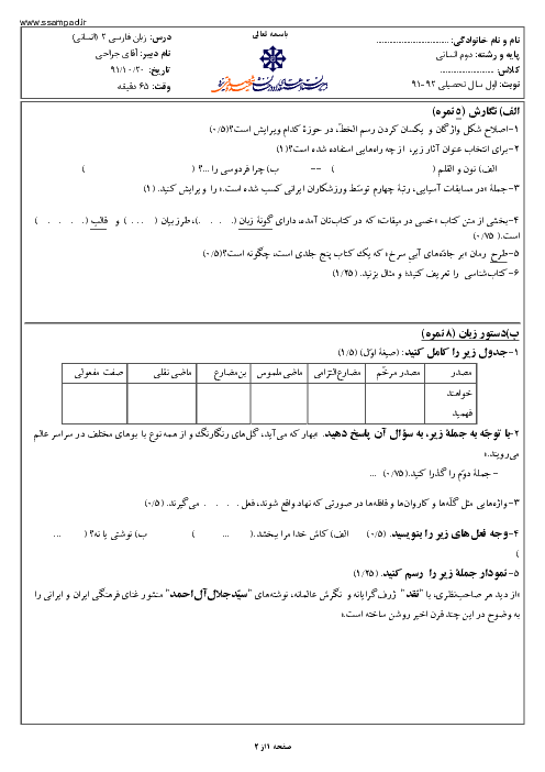 امتحان زبان فارسی (2) دی ماه 1391 | دوم انسانی دبیرستان شهید صدوقی یزد