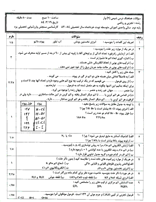  سوالات امتحان هماهنگ شیمی دوم متوسطه | استان یزد خرداد 1384