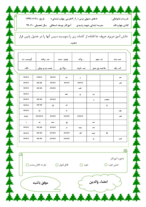 املای جدولی درس  1 تا 3 فارسی چهارم ابتدایی دبستان شهید رشیدی