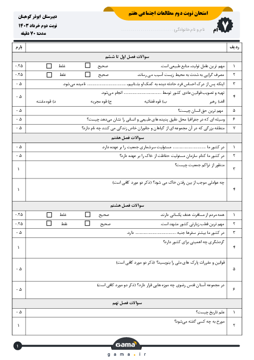 سوالات امتحان نوبت دوم خرداد 1403 مطالعات اجتماعی هفتم دبیرستان ابوذر