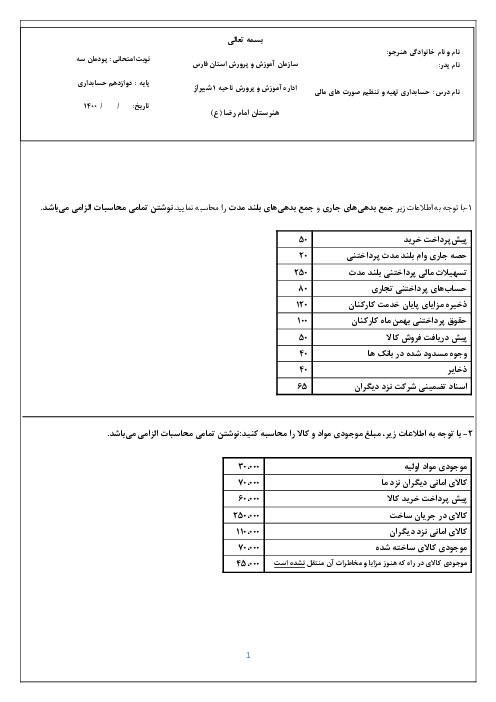  دو سری امتحان عملی حسابداری تهیه و تنظیم صورت‌های مالی دوازدهم هنرستان امام رضا شیراز | پودمان 3: تهیه و تنظیم ترازنامه