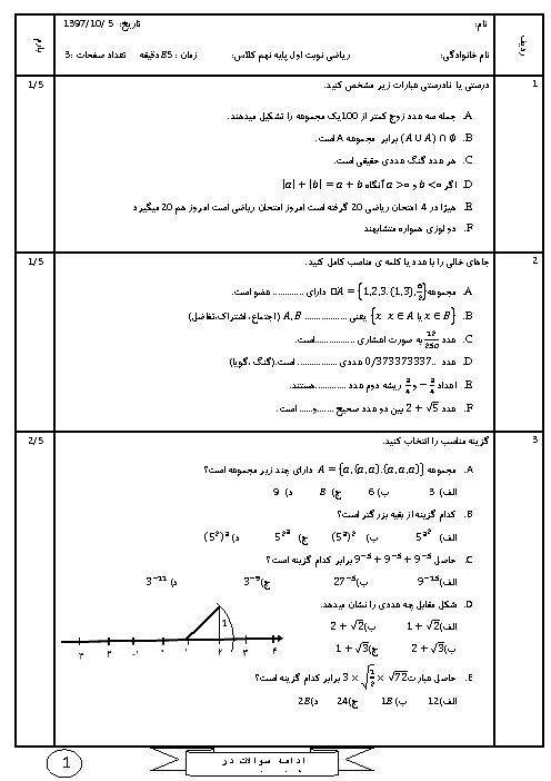 آزمون نوبت اول ریاضی نهم دبیرستان اندیشه صالح آباد | دی 1397