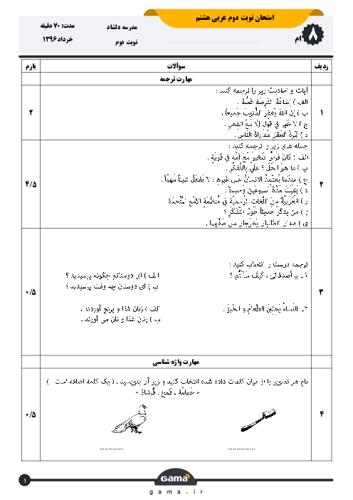  آزمون نوبت دوم عربی هشتم دبیرستان دلشاد مشهد  | خرداد 96
