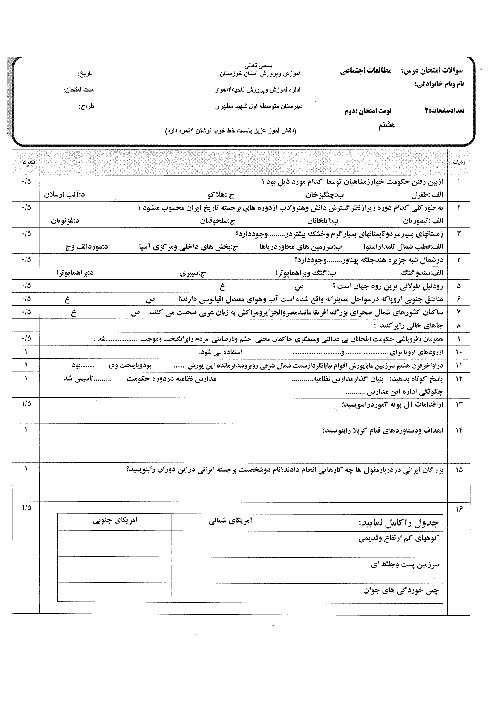 نمونه سوال امتحان نوبت دوم اجتماعی هشتم اهواز ناحیه ۴ دبیرستان شهید مطهری