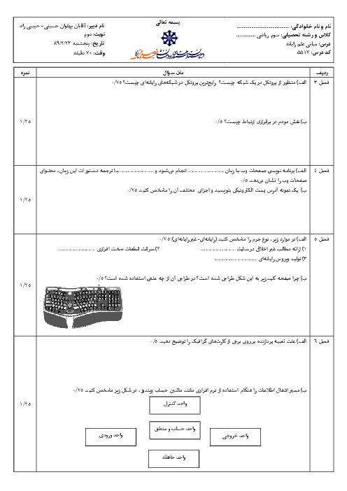 سوالات امتحان نوبت دوم  مبانی علم رایانه  سال 1389 | دبیرستان شهید صدوقی یزد