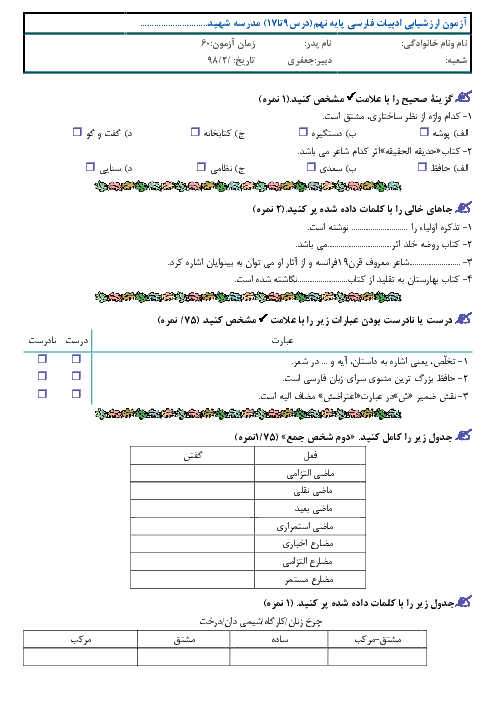 ارزشیابی درس 9 تا 17 فارسی نهم مدرسه شهید زارعی | اردیبهشت 1398