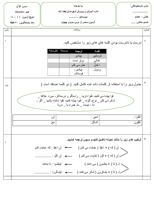 ارزشیابی داخلی قرآن هشتم | درس 3 و 4