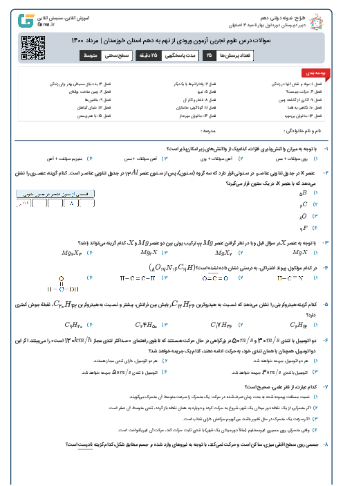 سوالات درس علوم تجربی آزمون ورودی از نهم به دهم استان‌ خوزستان | مرداد 1400