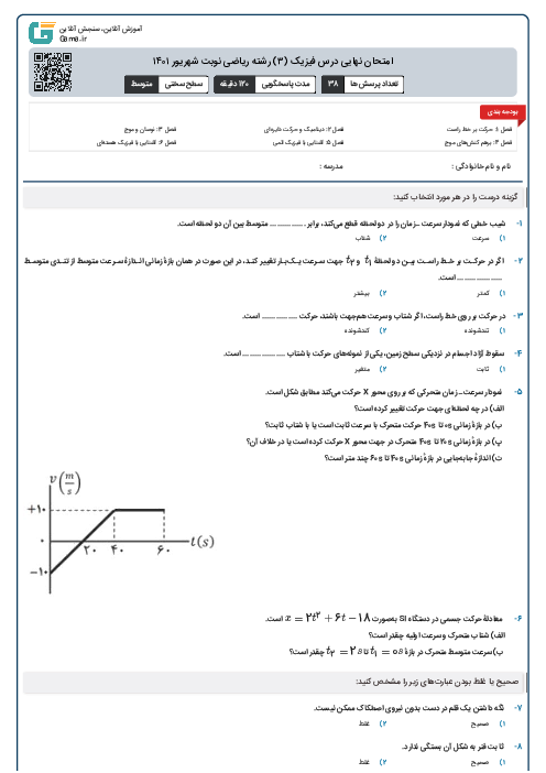 امتحان نهایی درس فیزیک (۳) رشته ریاضی نوبت شهریور ۱۴۰۱