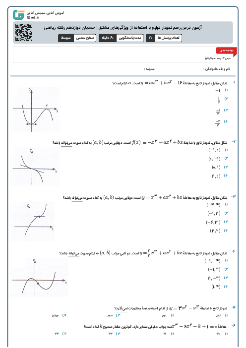 آزمون درس رسم نمودار توابع با استفاده از ویژگی‌های مشتق | حسابان دوازدهم رشته ریاضی
