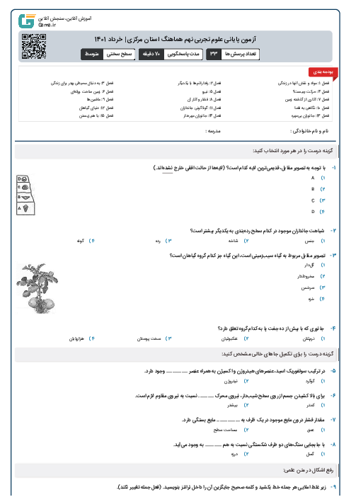 آزمون پایانی علوم تجربی نهم هماهنگ استان مرکزی | خرداد 1401