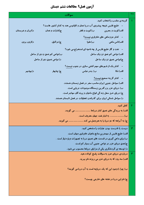 آزمون مداد کاغذی مطالعات اجتماعی ششم دبستان شهید همت شاهرود | فصل 9: دریاهای ایران