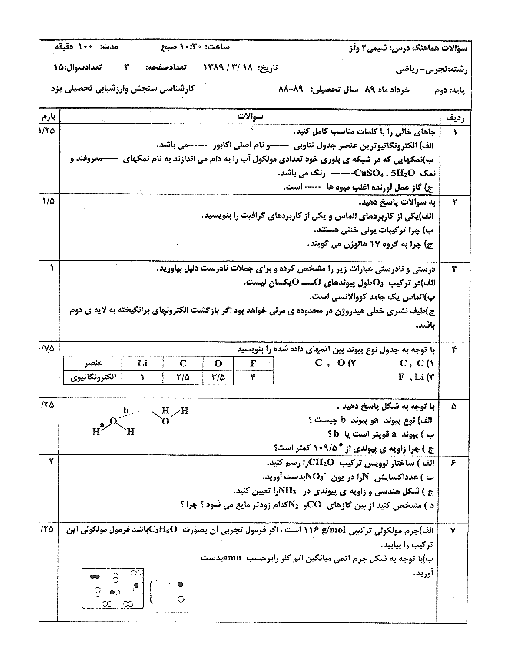 سوالات امتحان هماهنگ شیمی دوم متوسطه | استان یزد خرداد 1389