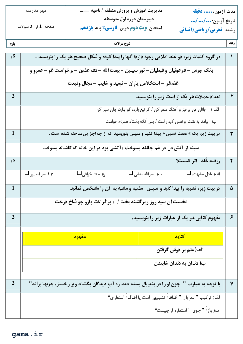 سوالات آزمون آزمایشی نوبت دوم فارسی (2) یازدهم دبیرستان دکتر شریعتی | خرداد 1400