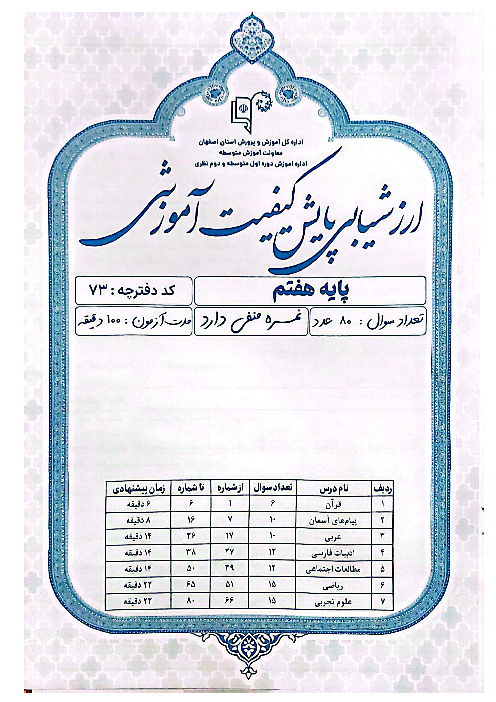 آزمون سنجش پیشرفت تحصیلی دانش آموزان پایه هفتم استان اصفهان | اسفند 1401