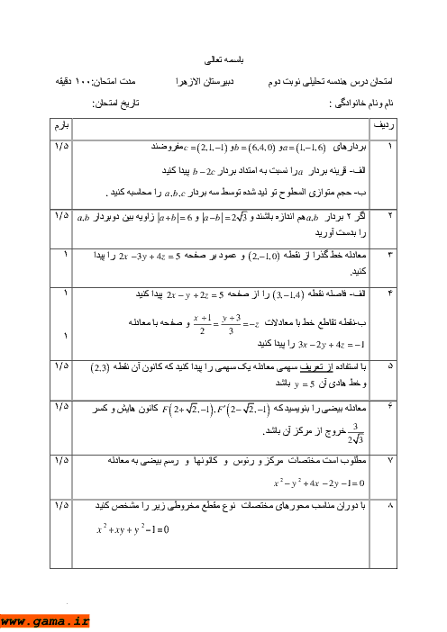 امتحان هندسه تحلیلی و جبرخطی خرداد 1393| دبیرستان الزهرا