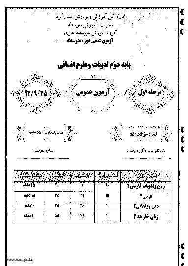 مرحله اول آزمون علمی دوم ادبیات و انسانی با پاسخ تشریحی | استان یزد 1392 