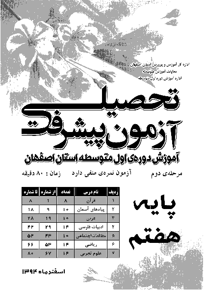 آزمون پیشرفت تحصیلی مرحله دوم  پایه هفتم استان اصفهان | اسفند 94