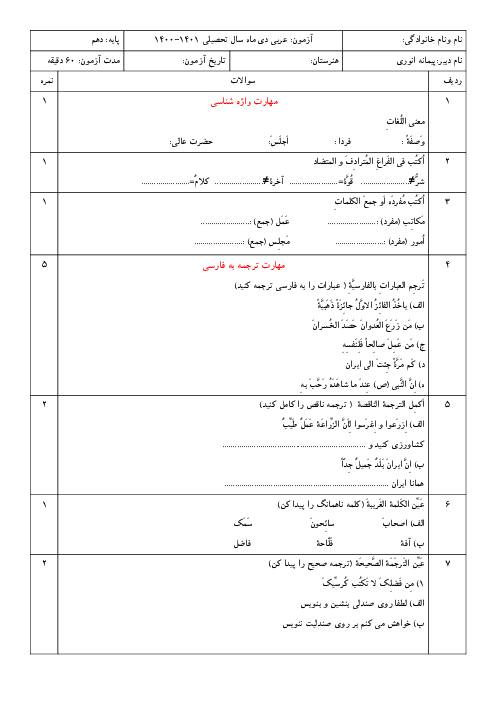 سوالات آمادگی آزمون نوبت اول عربی (1) دهم | دی 1400