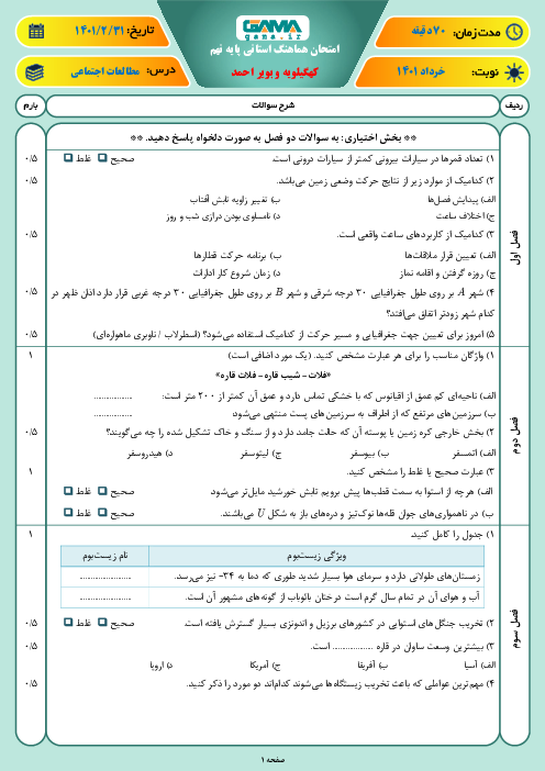 امتحان هماهنگ نوبت دوم مطالعات اجتماعی نهم استان کهگیلویه و بویراحمد | خرداد 1401