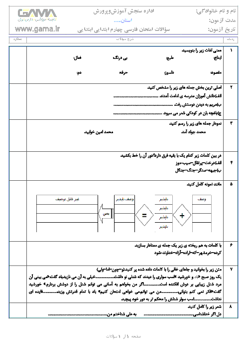آزمون مدادکاغذی فارسی کلاس چهارم دبستان | فصل پنجم: نام‌آوران - درس 10 و 11
