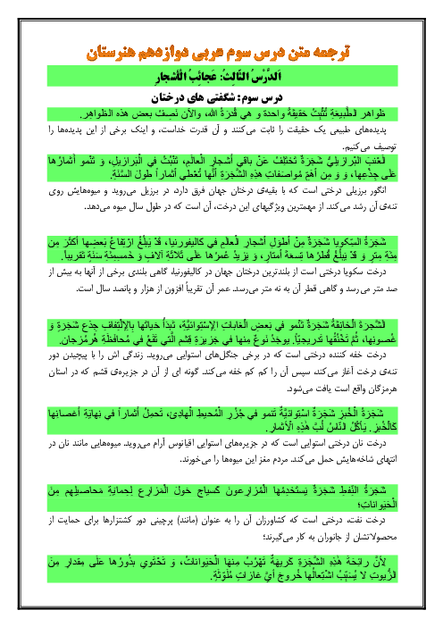 ترجمه متن درس 3 عربی دوازدهم هنرستان | اَلدَّرْسُ الثّالِثُ: عَجائِبُ الْأشجارِ