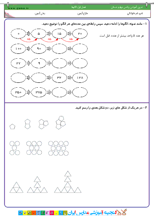 تمرين آموزشي رياضي چهارم دبستان | فصل اول: الگوها