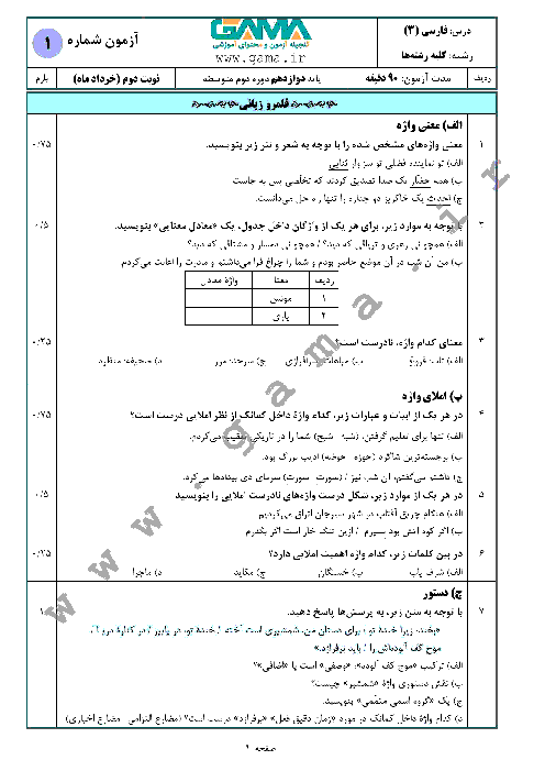 4 سری نمونه سؤال آمادگی امتحان نهایی (نوبت دوم) فارسی (3) دوازدهم مشترک کلیه رشته‌ها
