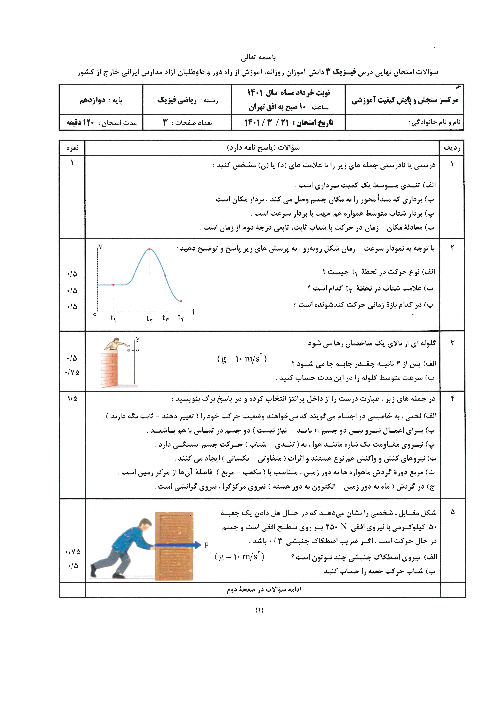 سوالات امتحان نهایی فیزیک (3) دوازدهم ریاضی مدارس ایرانی خارج از کشور | خرداد 1401 (نوبت صبح)