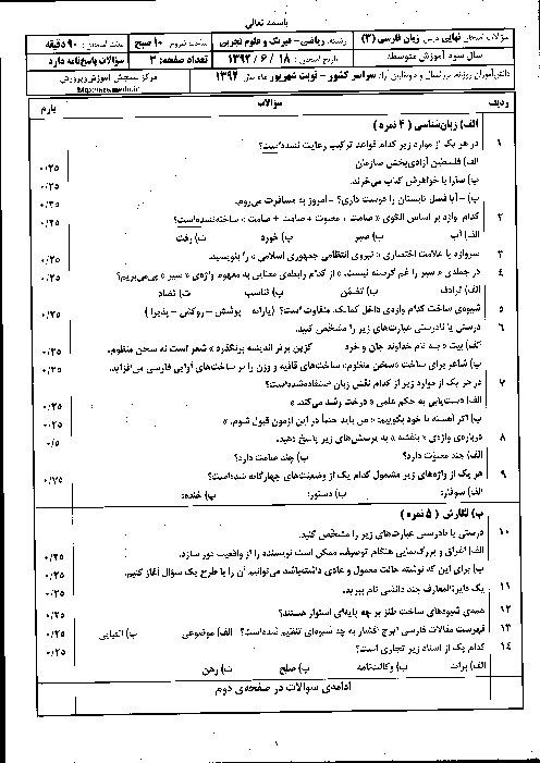 سوالات امتحان نهایی زبان فارسی (3) - شهریور 1392