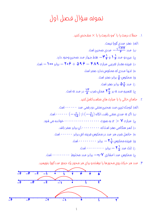 تمرین و تکلیف ریاضی هشتم مدرسه مهر البرز | فصل 1: عددهای صحیح و گویا