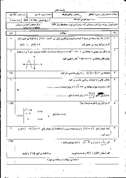 سوالات امتحان نهایی حسابان - خرداد 1392
