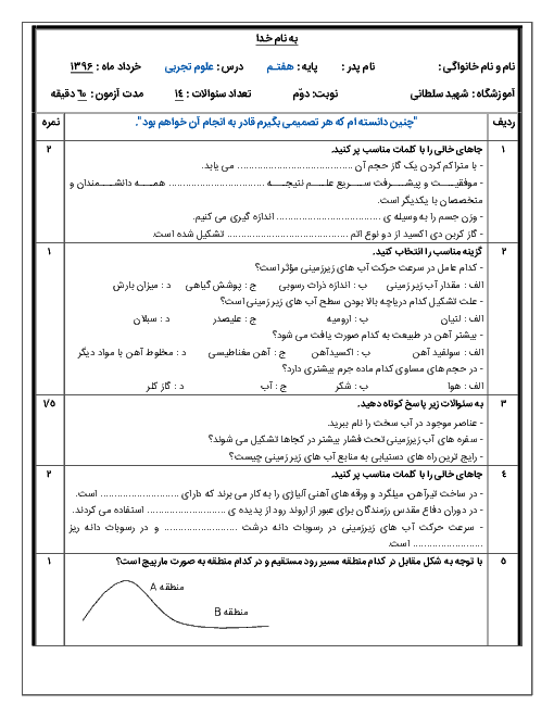 امتحان علوم تجربی پایه هفتم دبیرستان شهید سلطانی - خرداد ماه سال 1396