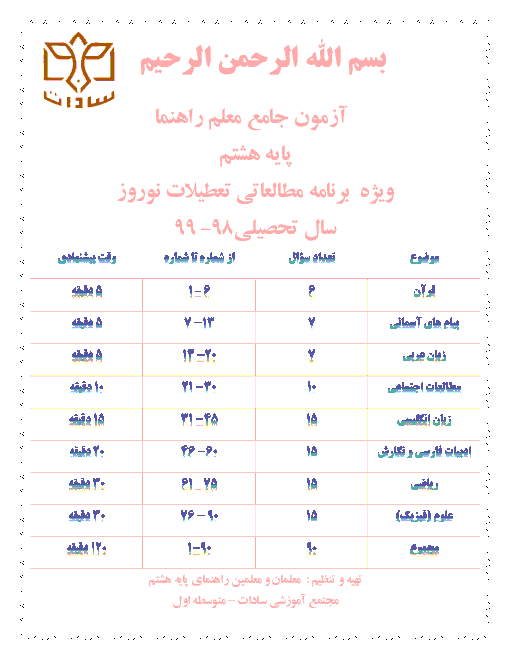 ویژه برنامه مطالعاتی تعطیلات نوروز  مجتمع آموزشی سادات اصفهان