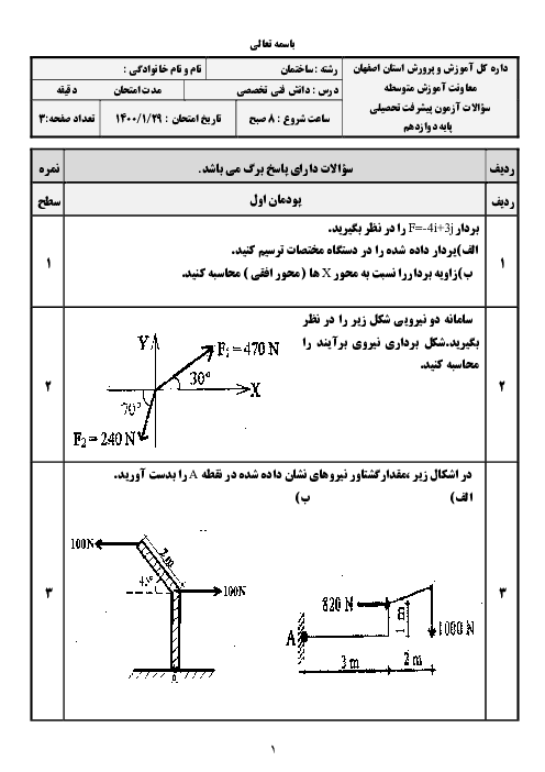 آزمون پودمان 1 تا 3 دانش فنی تخصصی رشته ساختمان دوازدهم هنرستان آیت الله هاشمی رفسنجانی