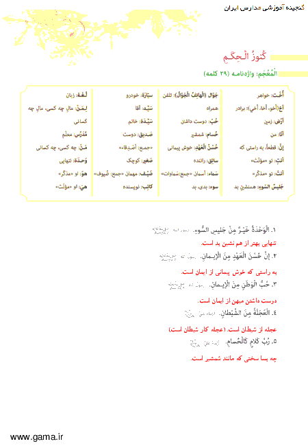 ترجمه متن درس و پاسخ تمرین های عربی هفتم| درس دوم: قسمت2: کُنوزُ الْحِکَمِ