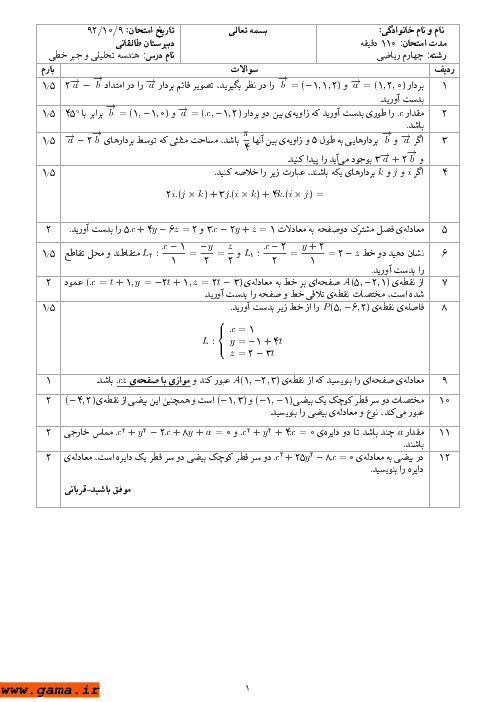 امتحان هندسه تحلیلی و جبرخطی دی 1392| دبیرستان طالقانی
