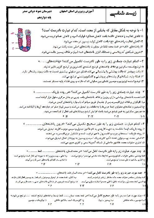 سوالات تستی زیست شناسی (3) دوازدهم دبیرستان صدر اصفهانی | فصل ۱: مولکول‌های اطلاعاتی