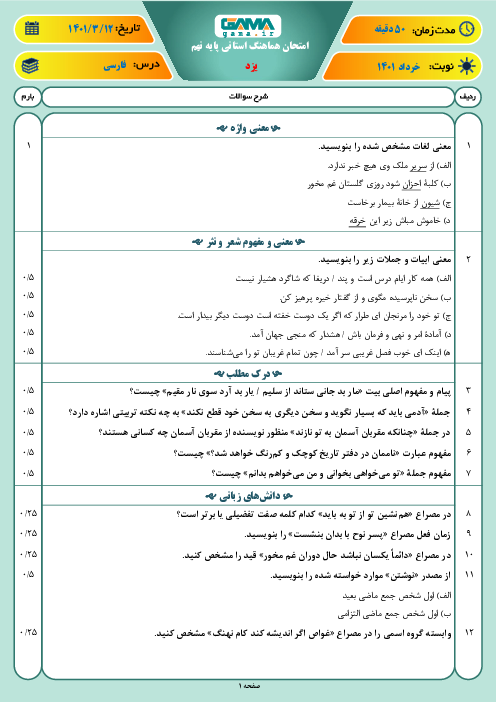 سوالات آزمون نوبت دوم فارسی نهم هماهنگ استان یزد | خرداد 1401