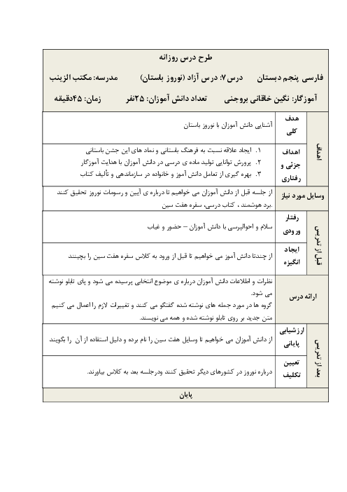 طرح درس روزانه فارسی پنجم دبستان | درس 7: درس آزاد
