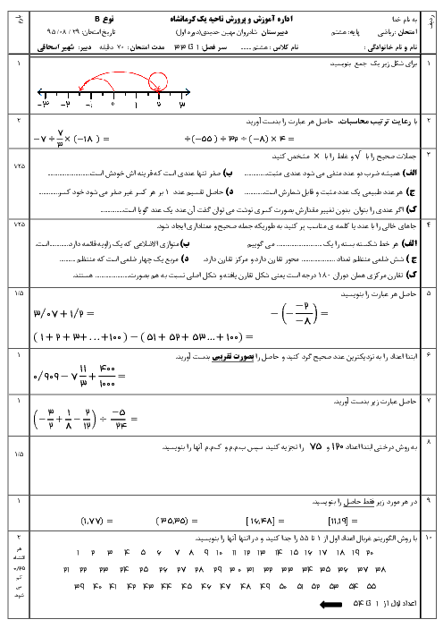 ریاضی هشتم-مستمر-تا صفحه 33 - نوع ب -دبیرستان مهین حدیدی کرمانشاه- آبان 95