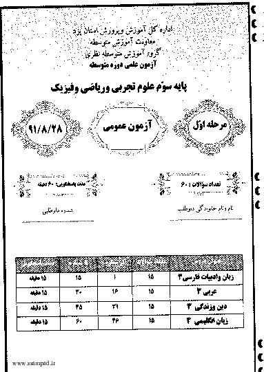  مرحله اول آزمون علمی پایه سوم ریاضی فیزیک + پاسخ تشریحی | استان یزد 1391