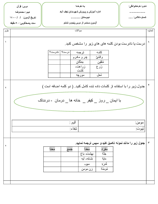 ارزشیابی داخلی قرآن هفتم | درس 5 و 6