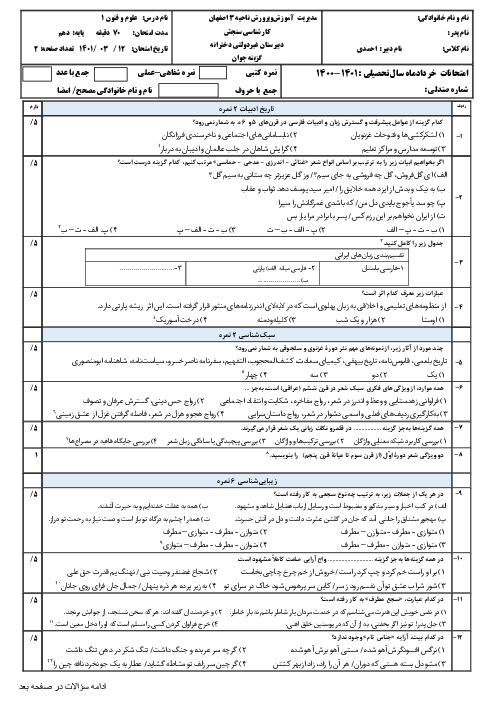 سوالات امتحان نوبت دوم علوم و فنون ادبی (1) دهم؛  دبیرستان گزينه جوان | خرداد 1401
